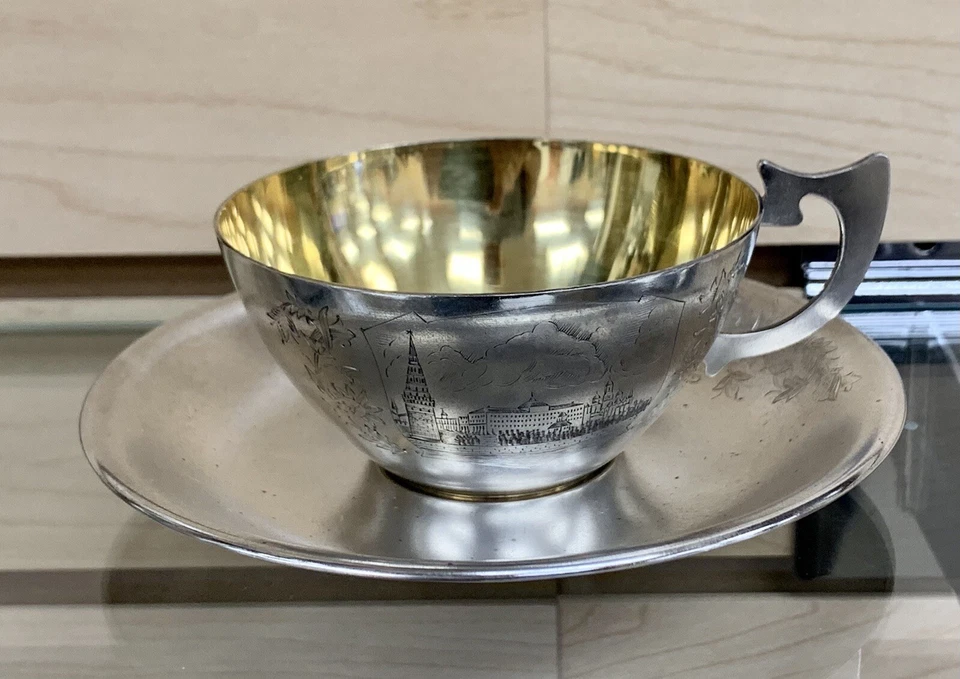 Juego de té lavado oro plato 875 tazas plata esterlina rusa vintage 1960’ Moscú Foto 3 de 4