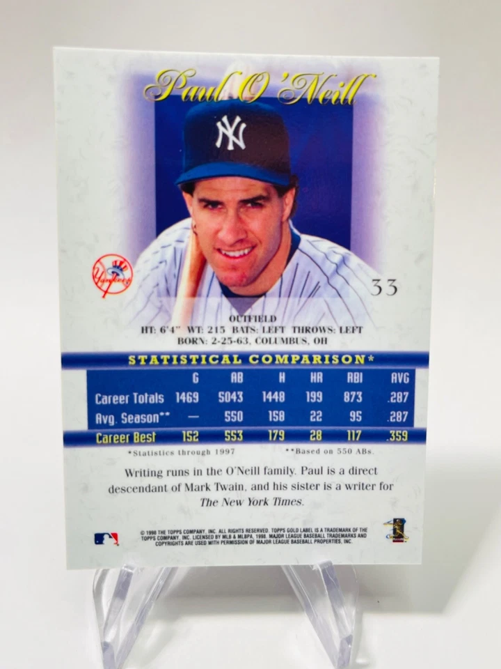 PAUL O'NEILL 1998 Topps Gold Label CLASS 2 #33 MLB Baseball YANKEES - Image 2 of 2
