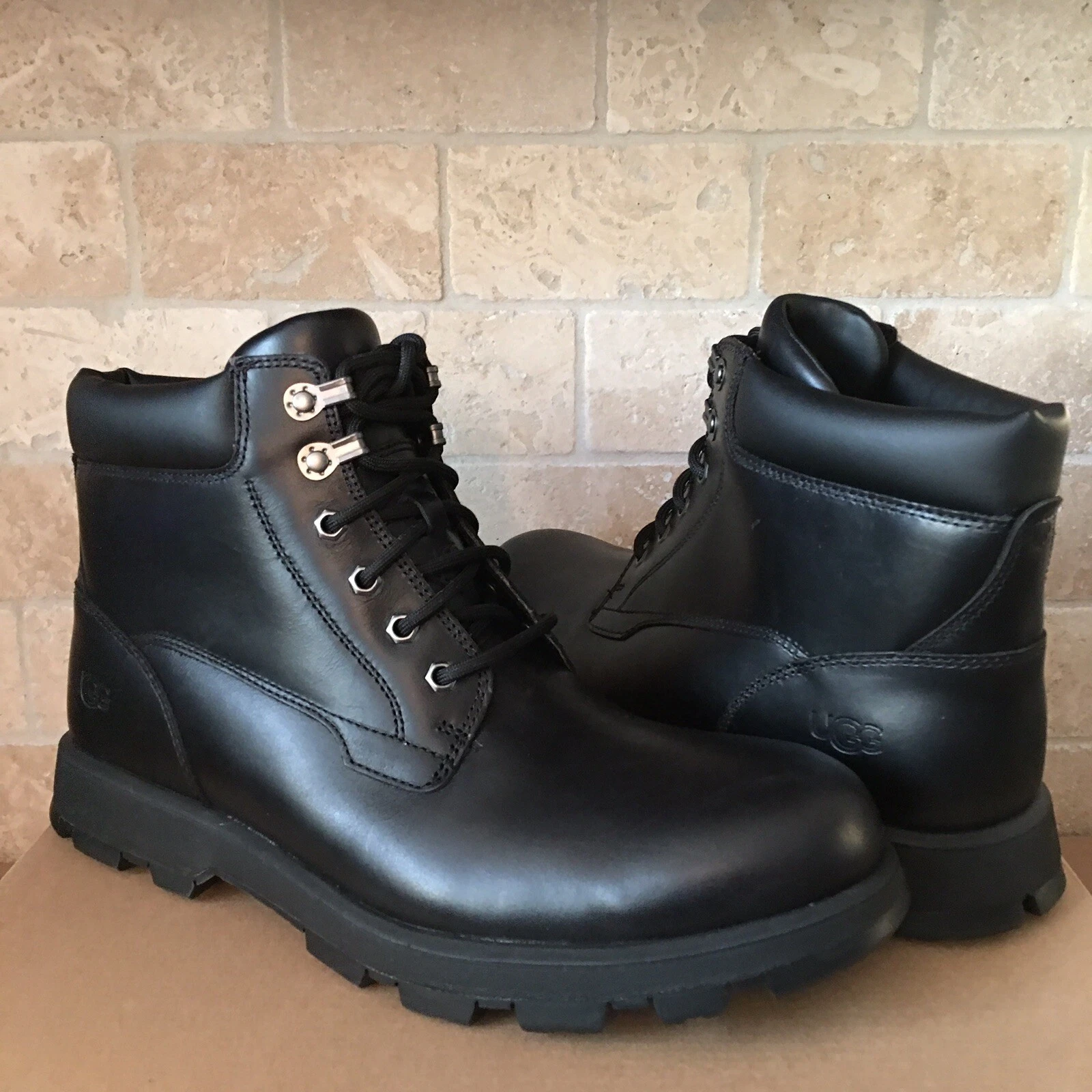 UGG Stenton Black Waterproof Leather Sheepskin Lace-up Boots Shoe Size 12 Men