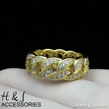 925 STERLING SILVER ICY BLING CZ GOLD PLATED CURB LINK BAND RING AGR109