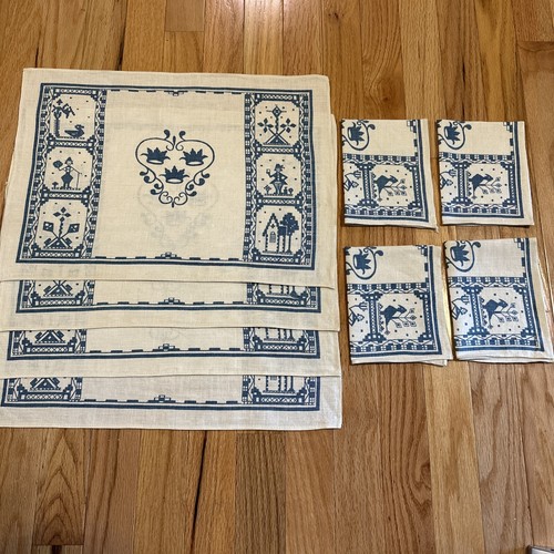 Vintage 100% Linen 4 Placemats With 4 Matching Napkins Blue Dutch Decor New