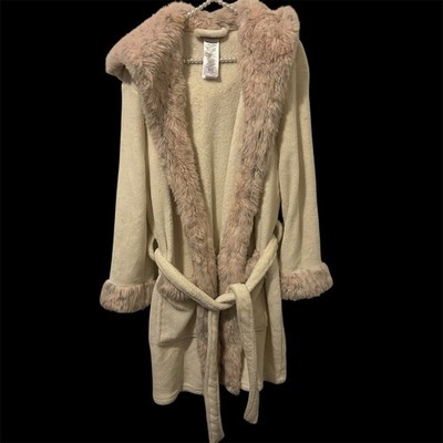Pottery Barn TEEN Leopard (Gray)Faux Fur Trim HOODED Robe One Size Luxury Spa