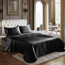 Satin Sheets Queen Size - 4 Piece Black Bed Sheet Set with Silky Microfiber, 1 D