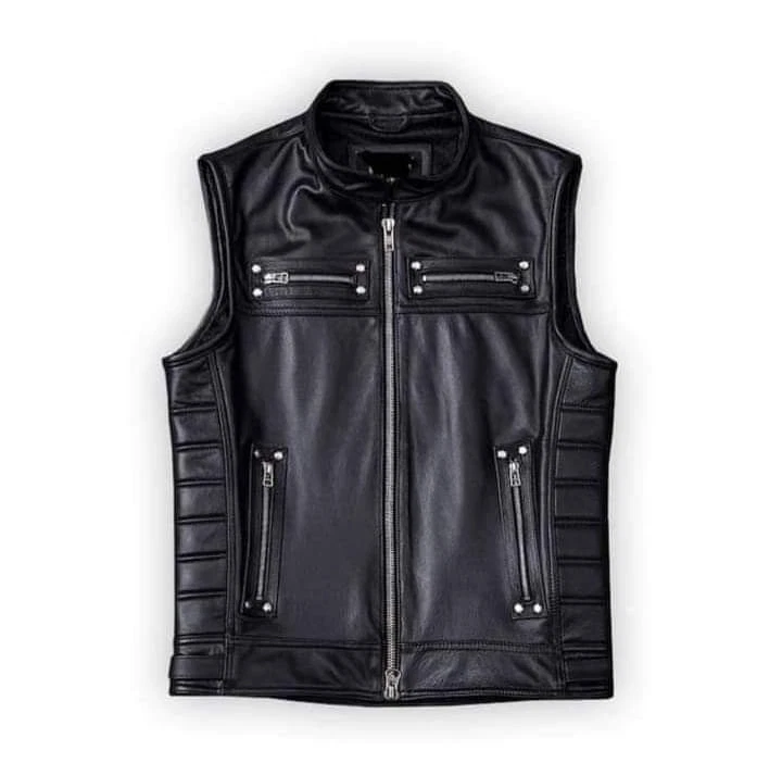 Men’s Black Leather Biker Vest Zip Front Biker Sleeveless Jacket Premium Style