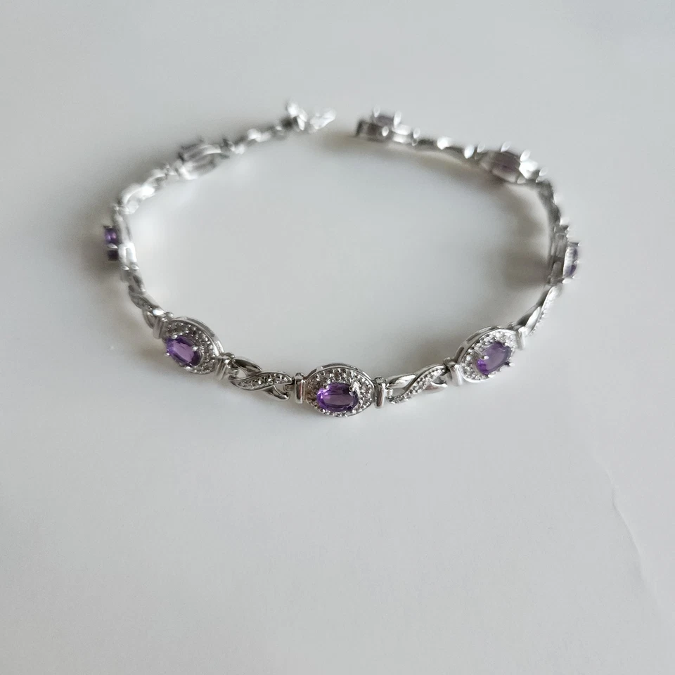 "Pulsera de tenis amatista de plata de ley de 7,5"" piedras ovaladas 925" Foto 2 de 4
