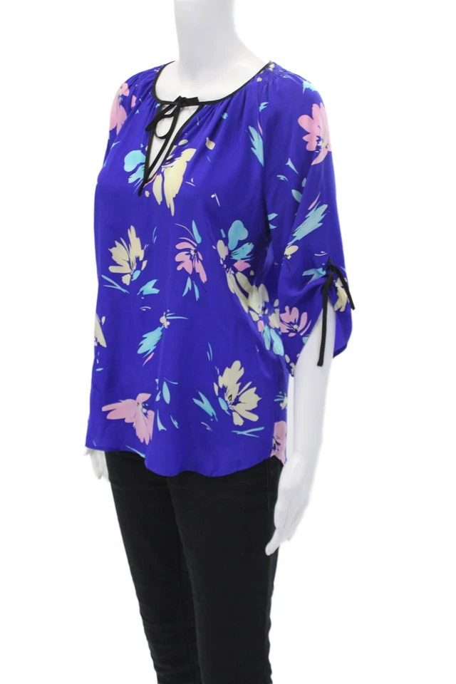 Yumi Kim Womens Silk Long Sleeve V Neck Floral Blouse Blue Size XS - Image 2 of 4