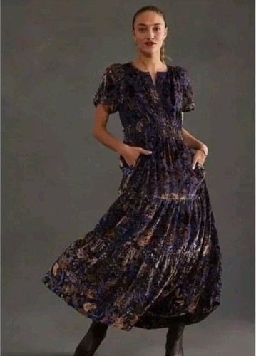 Maxi Vestido Anthropologie The Somerset Edición Terciopelo Púrpura Floral Talla L