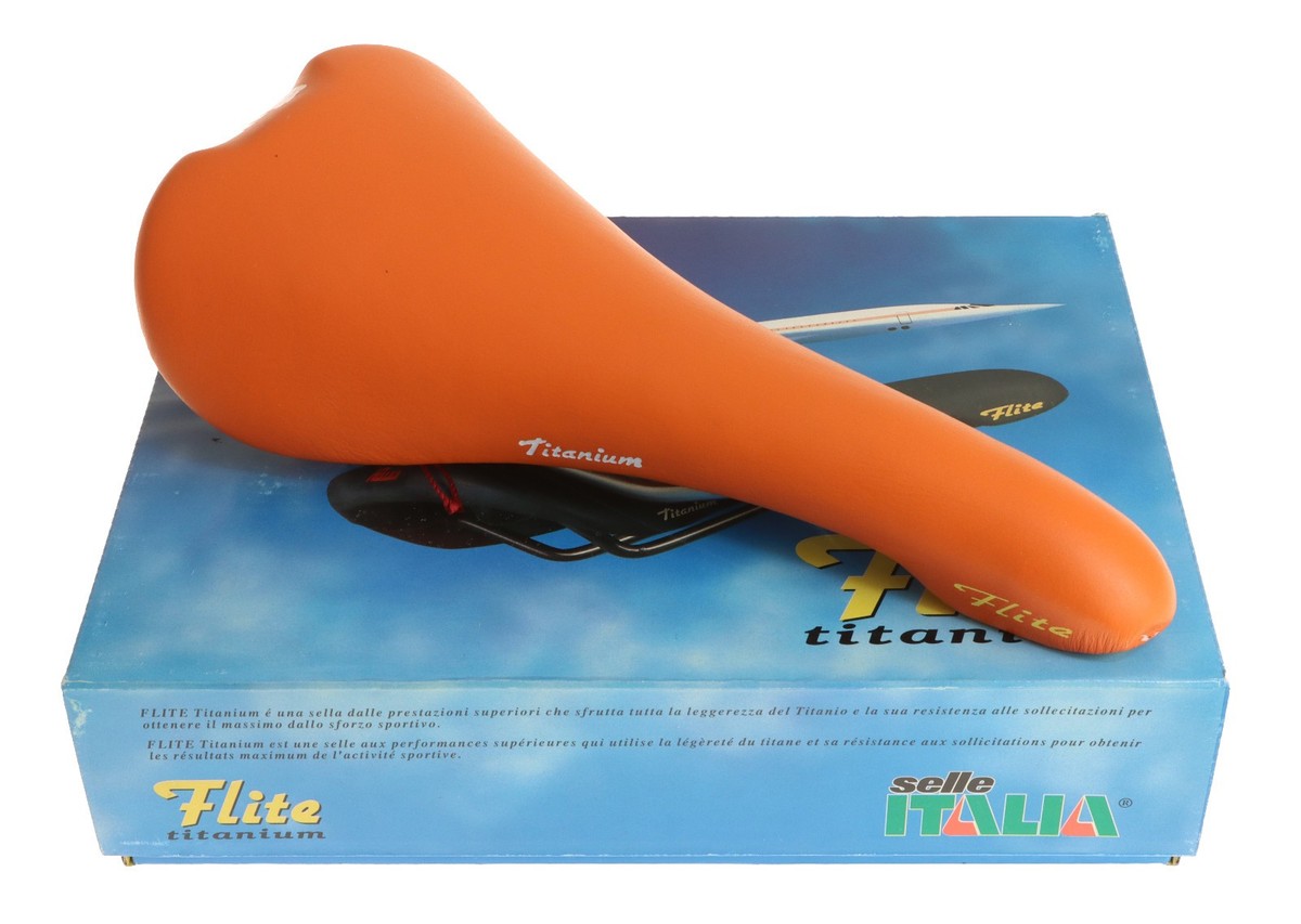Selle Italia Flite Saddle Titanium Rails Orange Leather 1990 NIB