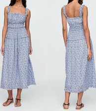 Gap X DÔEN Pintuck White Blue Floral Midi Sun Dress Size L