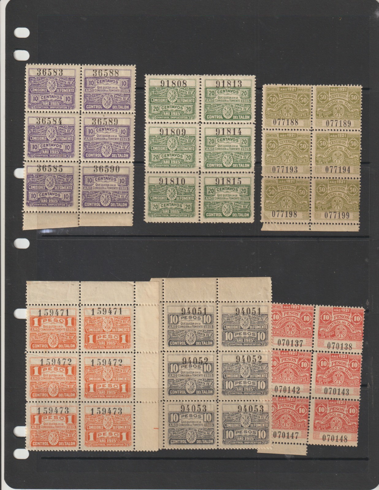 Argentina Santa Fe 1915-1921 Six strips of 3  Control Revenue Stamps O.G.Mint NH
