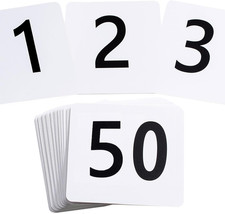 50 Pcs Double-Sided Table Numbers 1-50, 3.7x4 Inch Plastic Cards, White