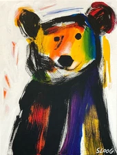 SLOOG Original Art Colorful Expressionist Painting on Canvas 12x16 Rainbow Bear