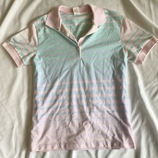 Vintage Jantzen MI USA Pastels Pink Green Blue Lavender Striped Shirt Sz. Med