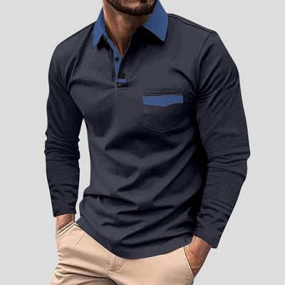 Herren Kontrast Poloshirt Polohemd Langarm Henley T-Shirt  Freizeitshirt Tops DE