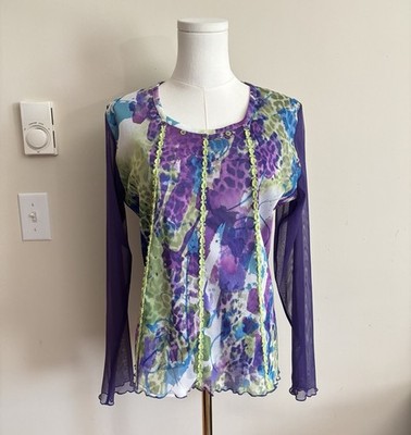 Vintage Y2K Mesh Sheer Rave Top Womens 14 Large Green Purple Blue Funky Art