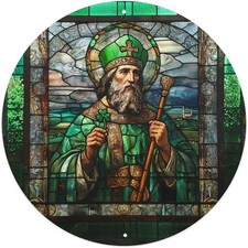 St. Patrick Holding Shamrock Round Aluminum Sign Wall Art, 8 x 8 Inch