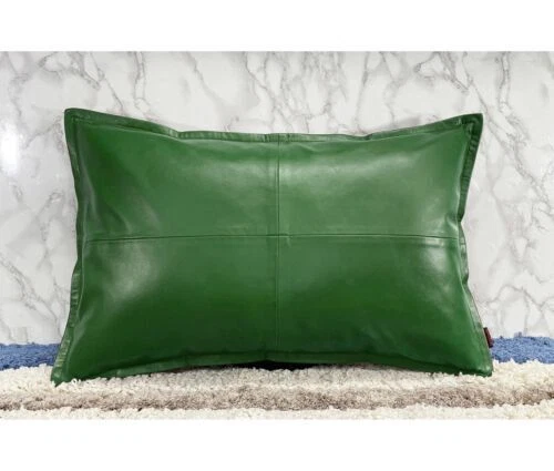 Green Pillow Cushion Stylish Genuine Soft Lambskin Cover Leather Decor - Image 3 of 4