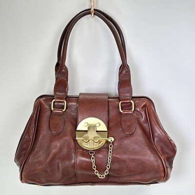 Vintage Perlina Doctor Bag Handbag Brown Leather Gold Tonen