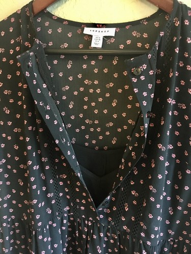 Topshop Black/Pink Flowers Ruffled Lace Inset Slip Lined Dress Sz 6 - Picture 4 of 6