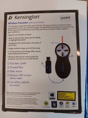 Kensington Wireless Presenter with Red Laster Pointer-65 Feet-Sealed, Brand New - Picture 4 of 5