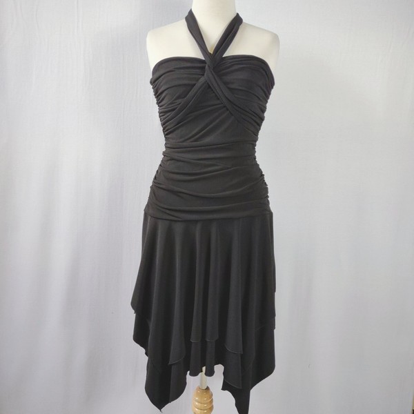 Portmans Women Size S Black Halter Tie Hankerchief Bodycon Hi Lo Ruching Dress 
