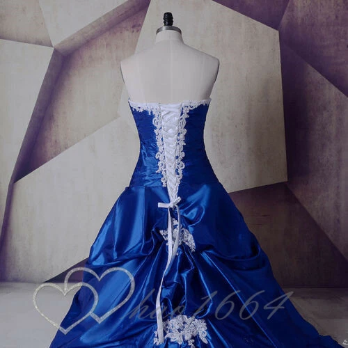 Vintage Royal Blue Wedding Dresses Satin Gothic White Bridal Dress Lace Applique - Picture 6 of 13