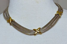Vintage Two Tone Three Strand Mesh with "X" Design Necklace 17" (Fas-174)