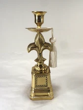 Brass French Style Fleur de Lis Taper Candlestick Holder w/Tassle Heavy 9.5"