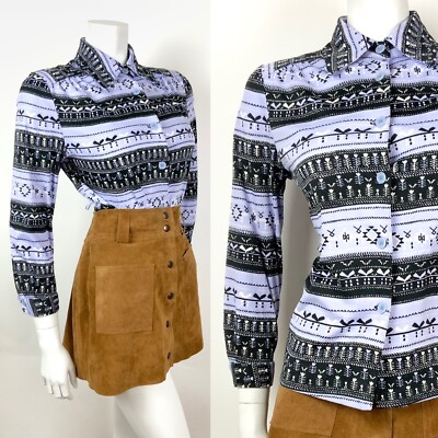 VTG 70er STIL 90er FLIEDER SCHWARZ WEISS GEBLÜMT INDIANER HEMD BLUSE 14 16