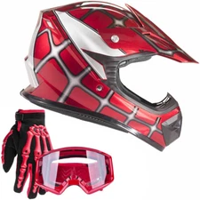 Youth Red Web Motocross Helmet Red Goggles Gloves Kids Combo MX UTV Riding Gear 