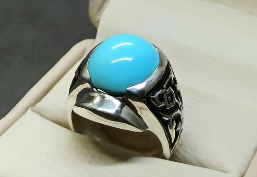 Natural Neshapuri Feroza Sterling Silver 925 Handmade Turquoise Mens Carved Ring - Picture 7 of 12
