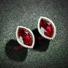 2Ct Marquise Cut Simulated Red Ruby Women's Stud Earrings 14k White Gold Plated