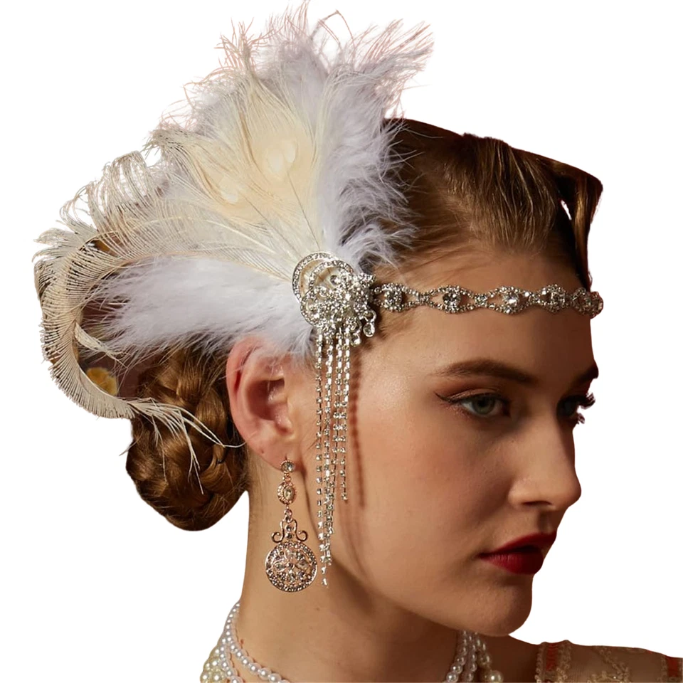 Diadema de la década de 1920 Pluma Tocado de Novia Gatsby Aleta Tocado Fiesta Disfraz Foto 3 de 4
