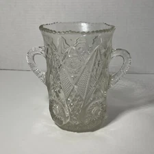 Antiq EAP "Hobstar" US GLASS Crystal Cut Sawtooth Two-Handled Celery Vase c1915