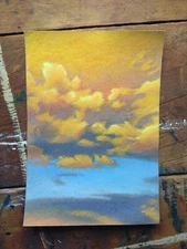 Sunset Cloudy Sky Yellow Clouds Original Pastel Drawing 8 1/4 x 11 1/2 in