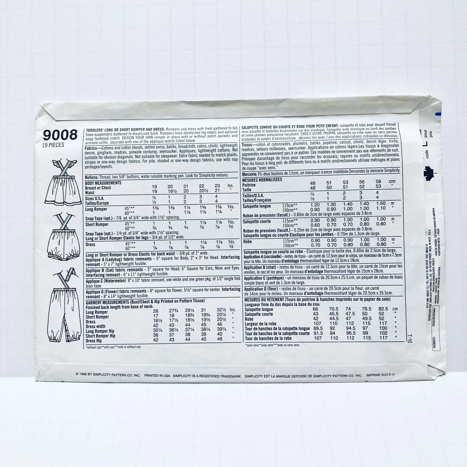 Simplicity 9008; ©1996; Toddler Girls' Long or Short Romper and Dress Size .5-2 - Image 2 of 4