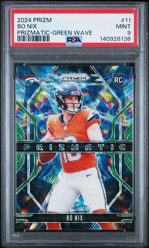 2024 Panini Prizm #11 Bo Nix Rookie RC PRIZMATIC Green Wave PSA 9 Mint