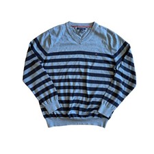 Tommy Hilfiger Mens XXL Navy Blue Striped V-Neck Premium Cotton Sweater Preppy