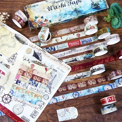 Retro Washi Tape Set 12 Rollen mit Reise-Motiven Papier Klebeband