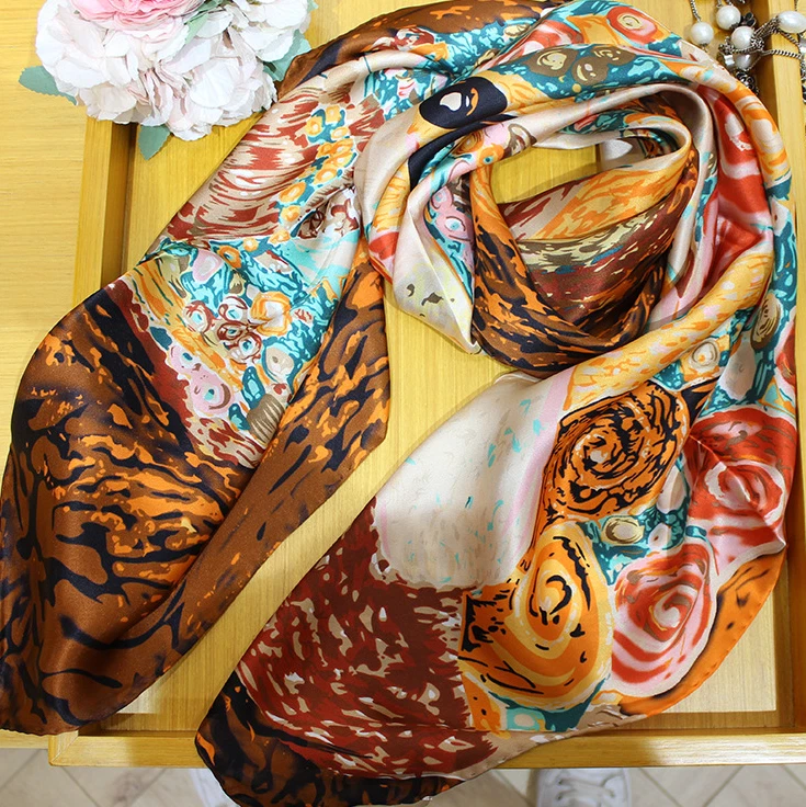 Cachecol 100% seda envoltório bandana 43"" quadrado feminino estampa de contas amarelas  - Imagem 4 de 4