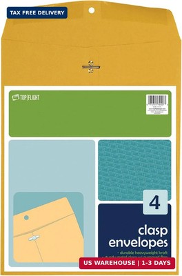 Top Flight Clasp Envelopes, Gummed and Clasped Closure, 10 x 13 Inches, Brown Kr