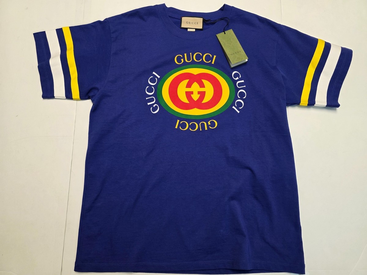 New GUCCI Jersey Crew Neck Graphic T-Shirt Men's MEDIUM M Blue