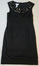 London Style Women's Sz 12 Black Sleeveless Ruffle Rosette Neckline Sheath Dress