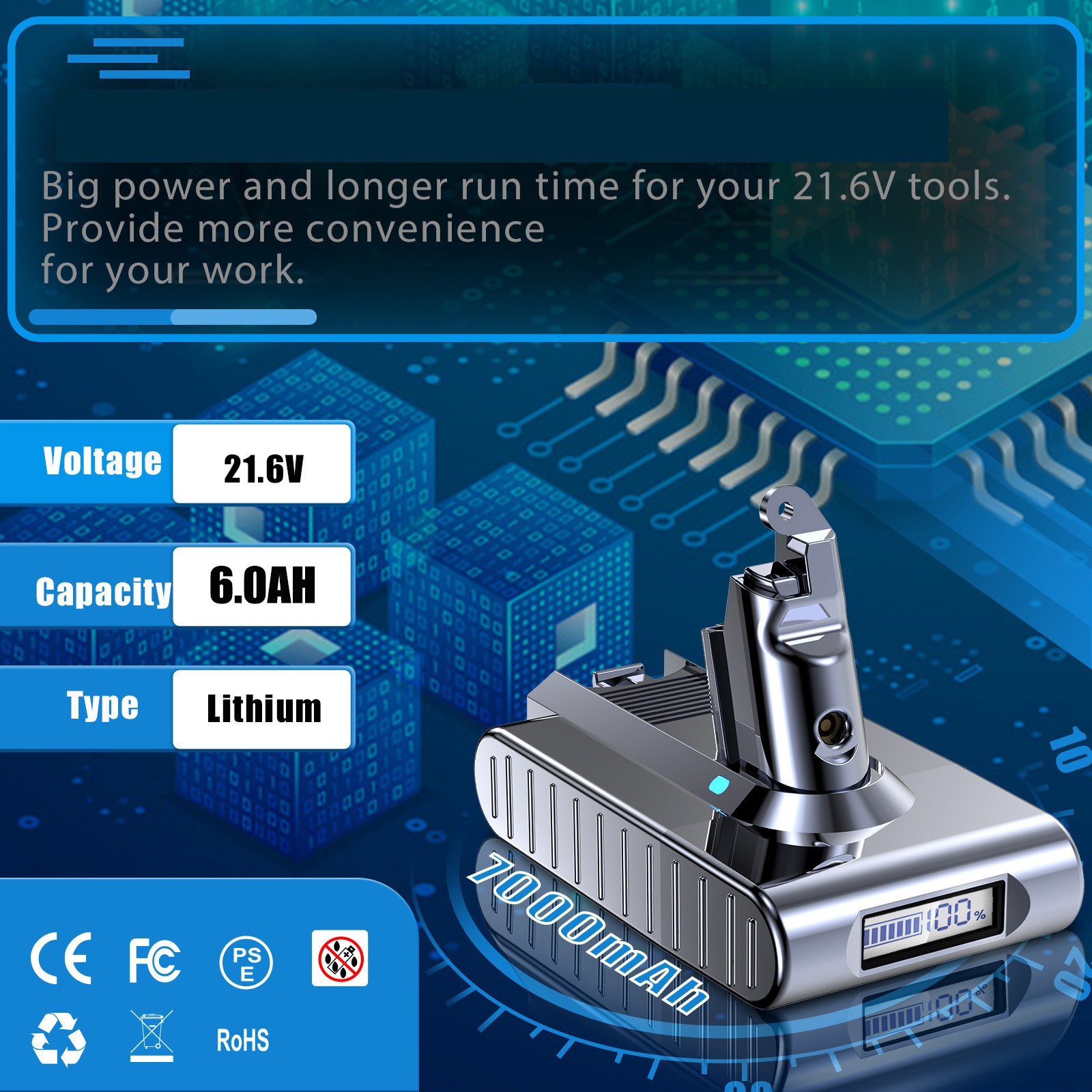 9.5Ah Battery For Dyson V6 DC58 Animal SV03 SV04 SV05 SV06 SV09 with LED Style