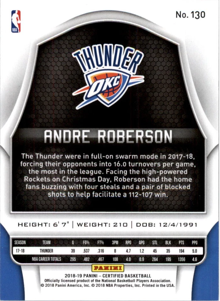 2018-19 Certified Mirror Blue #130 Andre Roberson /199 - BSK - Image 2 of 2