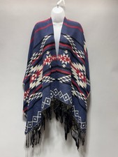 Aztec Southwestern Shawl Scarf Fringe Blue Red Geometric Poncho Cape Open Front