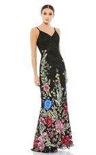 Mac Duggal 5475 Black Floral Embellished Spaghetti Strap Gown Size 14 NWT $598