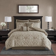 Cozy Comforter Set Jacquard Damask Medallion - Queen 8 Piece, Tan 90x90 in