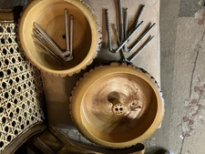 VTG Wooden Bark Nut Bowls Round w/ Metal Picks & Nutcrackers Rustic Retro MCM