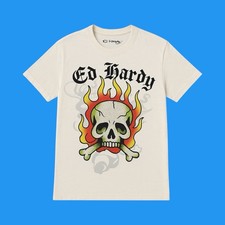 Ed Hardy Mens Small Graphic Studded Flaming Skull Tattoo White Crewneck T Shirt